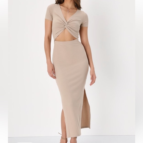 Stunning Lulu’s Style Twist Beige Twist Front Cutout Midi Dress NWT - Picture 2 of 13